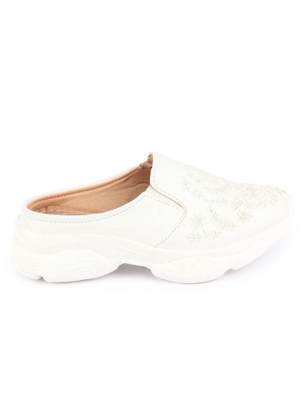 Women's White Floral Print Embroidered Backless Mule Shoes