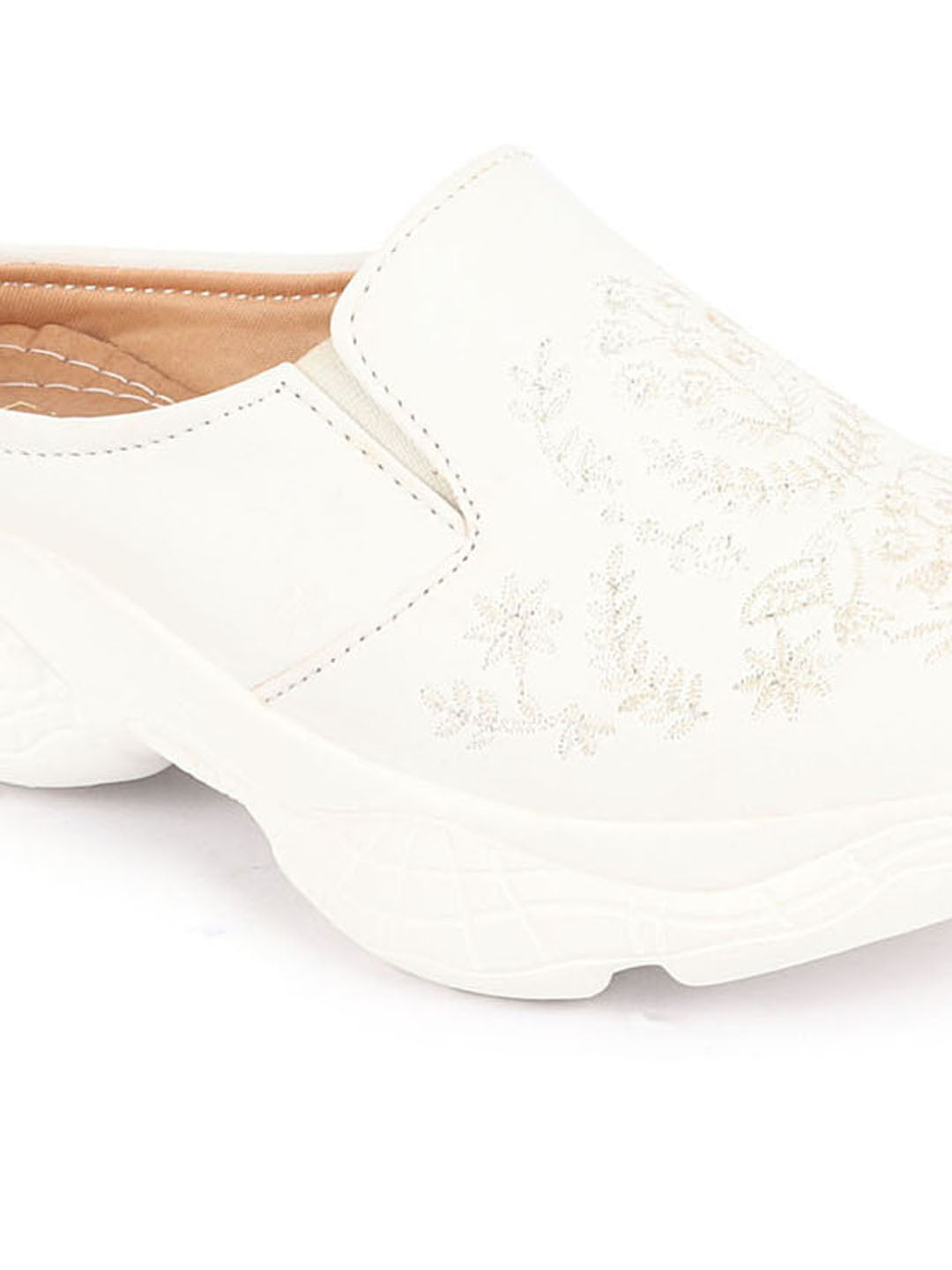 Women's White Floral Print Embroidered Backless Mule Shoes