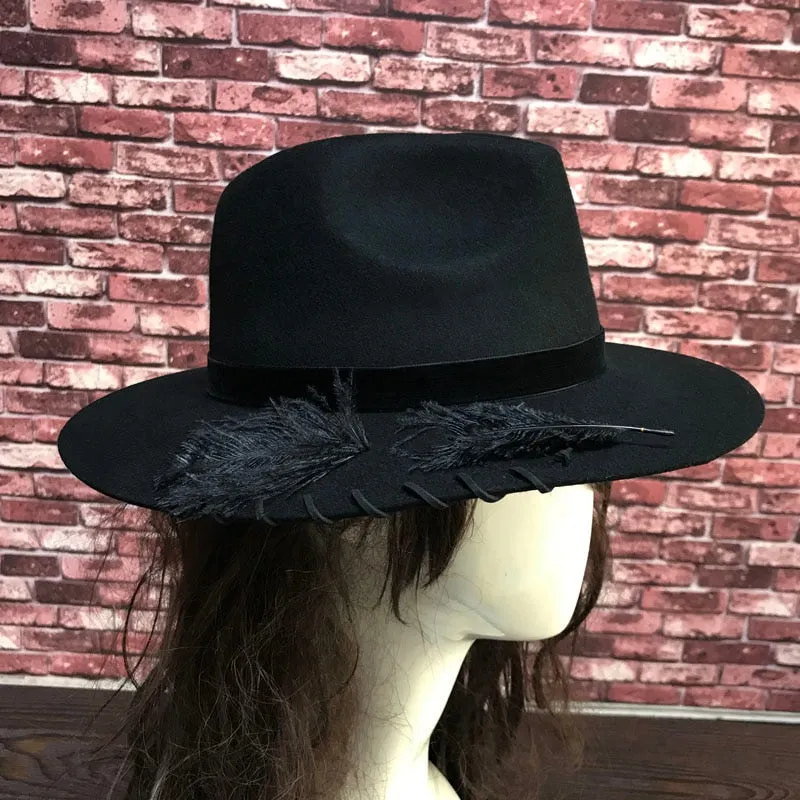 Women's Winter Black Wool Felt Personality Stitching Decorative Hats