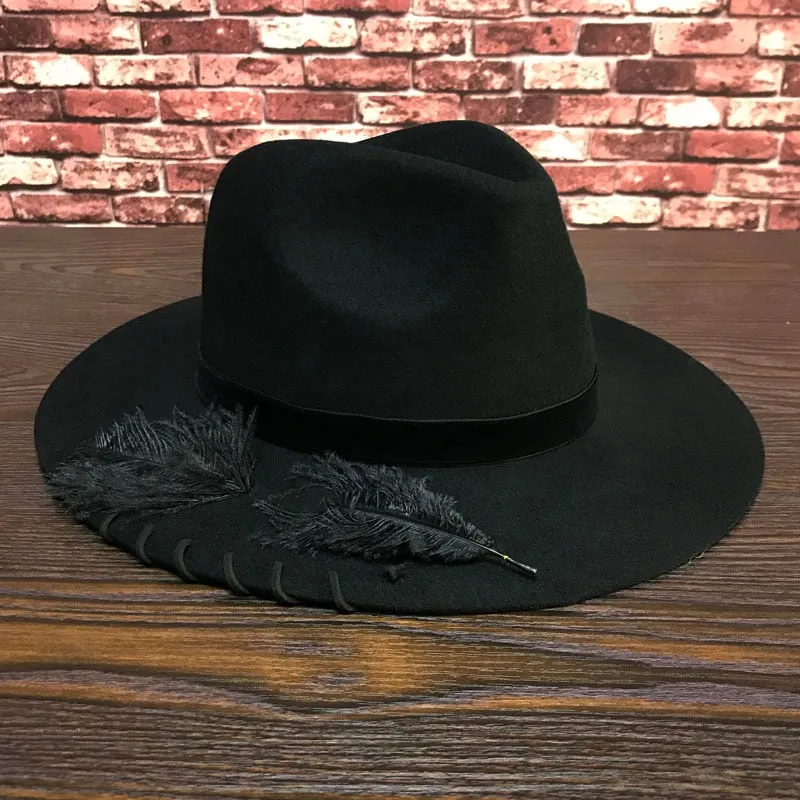 Women's Winter Black Wool Felt Personality Stitching Decorative Hats