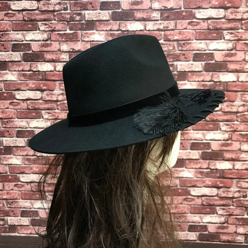 Women's Winter Black Wool Felt Personality Stitching Decorative Hats