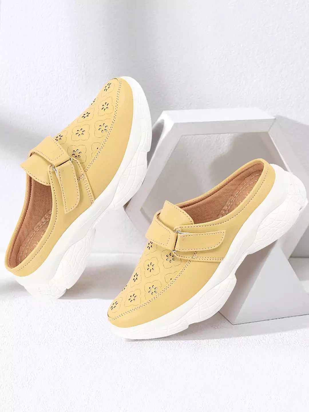 Women's Yellow Floral Laser Cut Slip-On Mules Shoes - Hook and Loop Closure