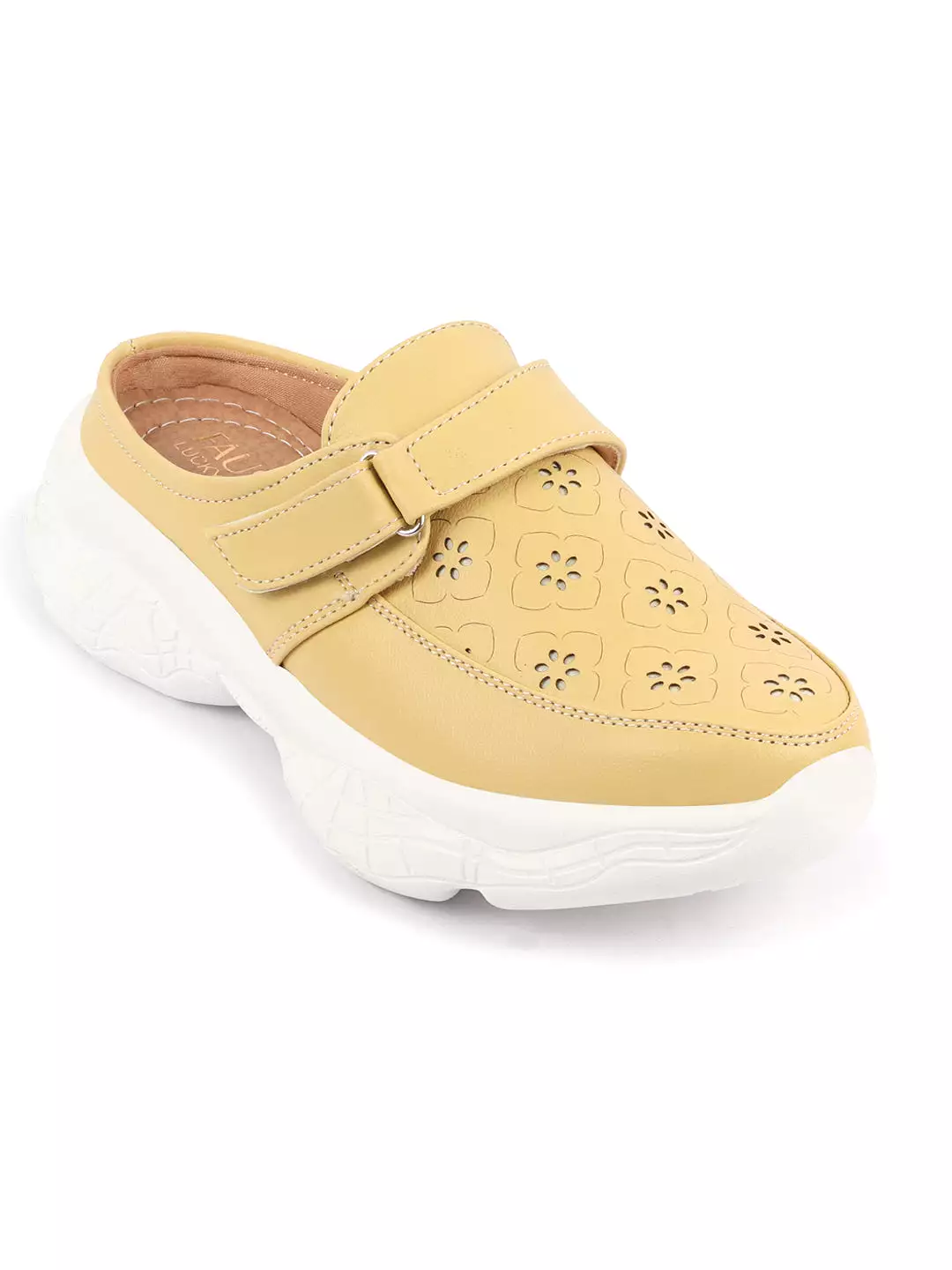 Women's Yellow Floral Laser Cut Slip-On Mules Shoes - Hook and Loop Closure