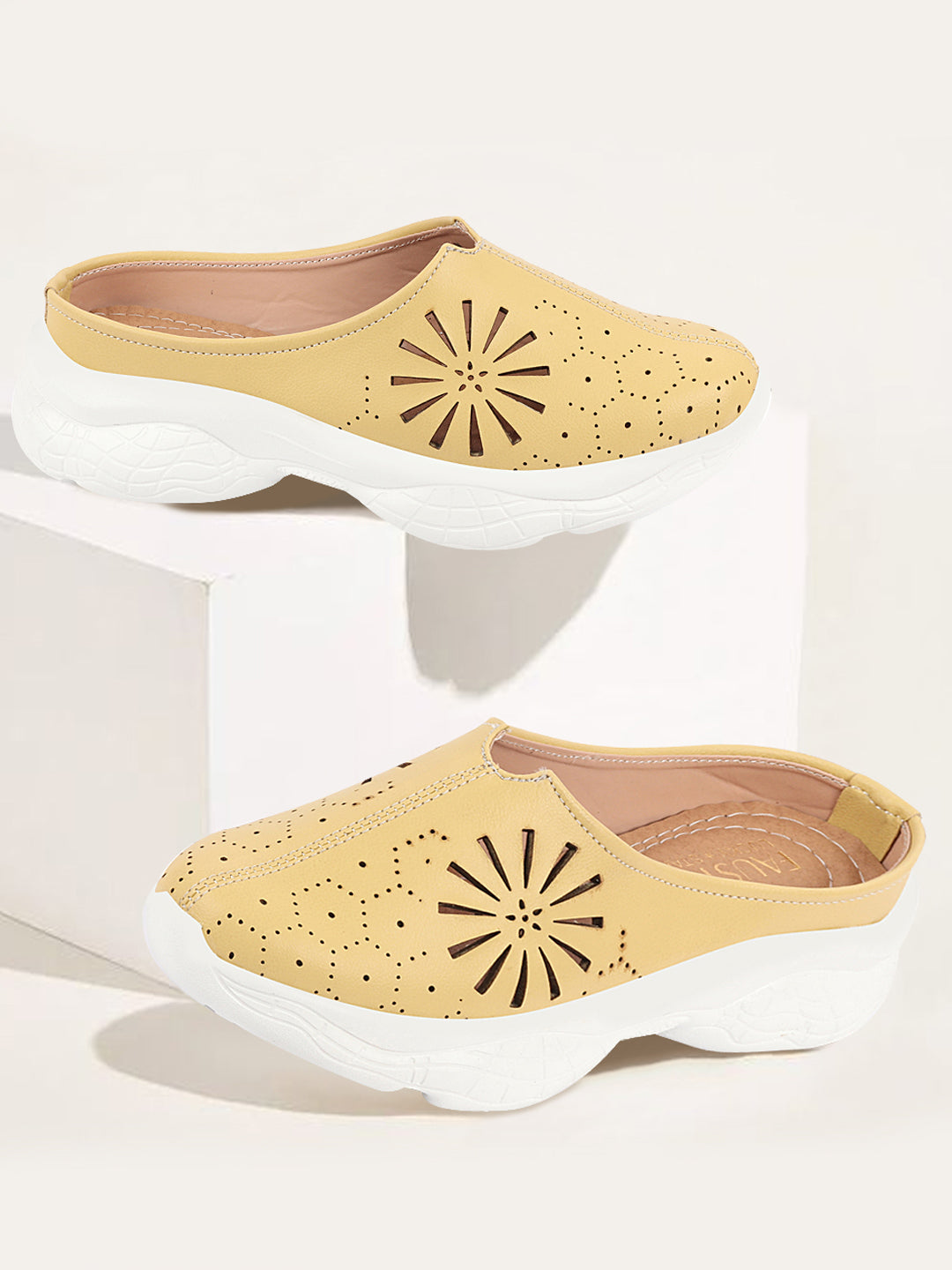 Women's Yellow Laser Cut Mules - Slip On Back Open Shoes - Breathable & Stitched Design