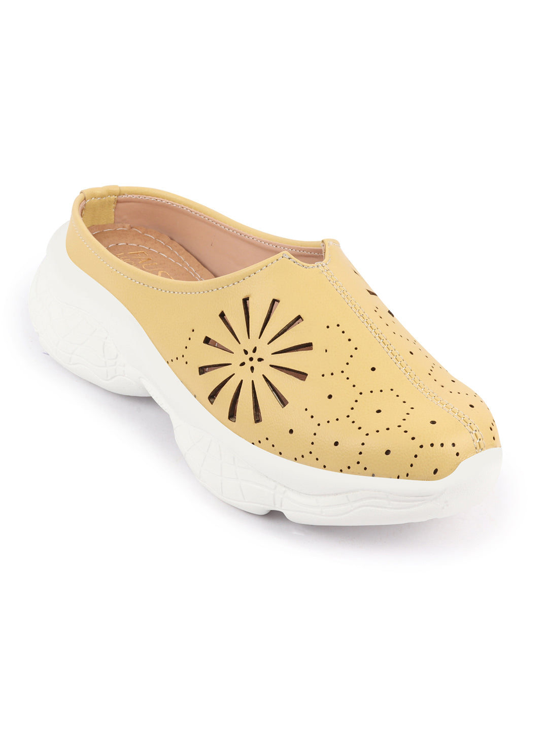 Women's Yellow Laser Cut Mules - Slip On Back Open Shoes - Breathable & Stitched Design