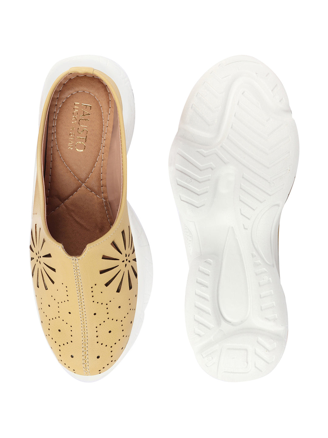 Women's Yellow Laser Cut Mules - Slip On Back Open Shoes - Breathable & Stitched Design