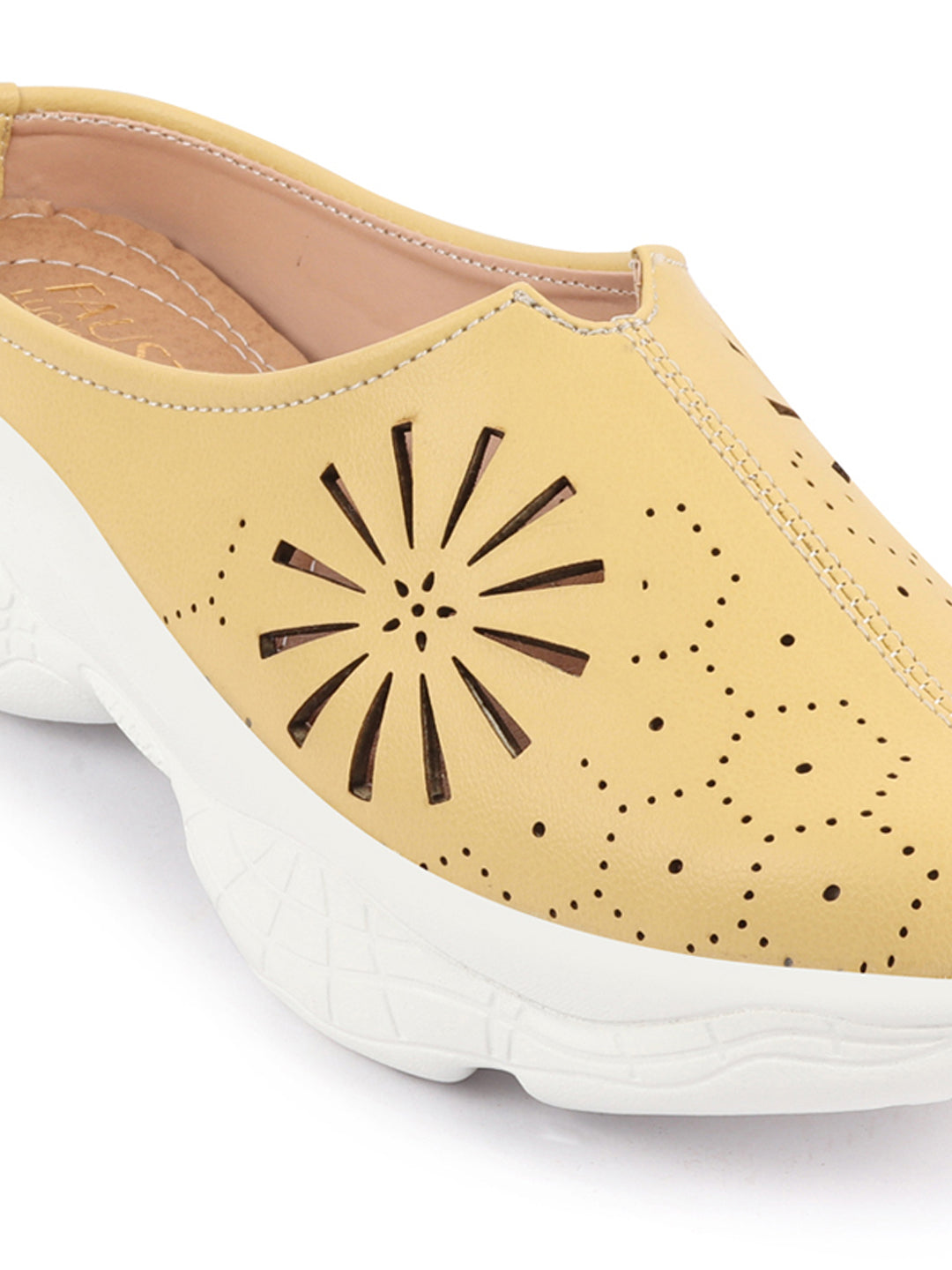 Women's Yellow Laser Cut Mules - Slip On Back Open Shoes - Breathable & Stitched Design