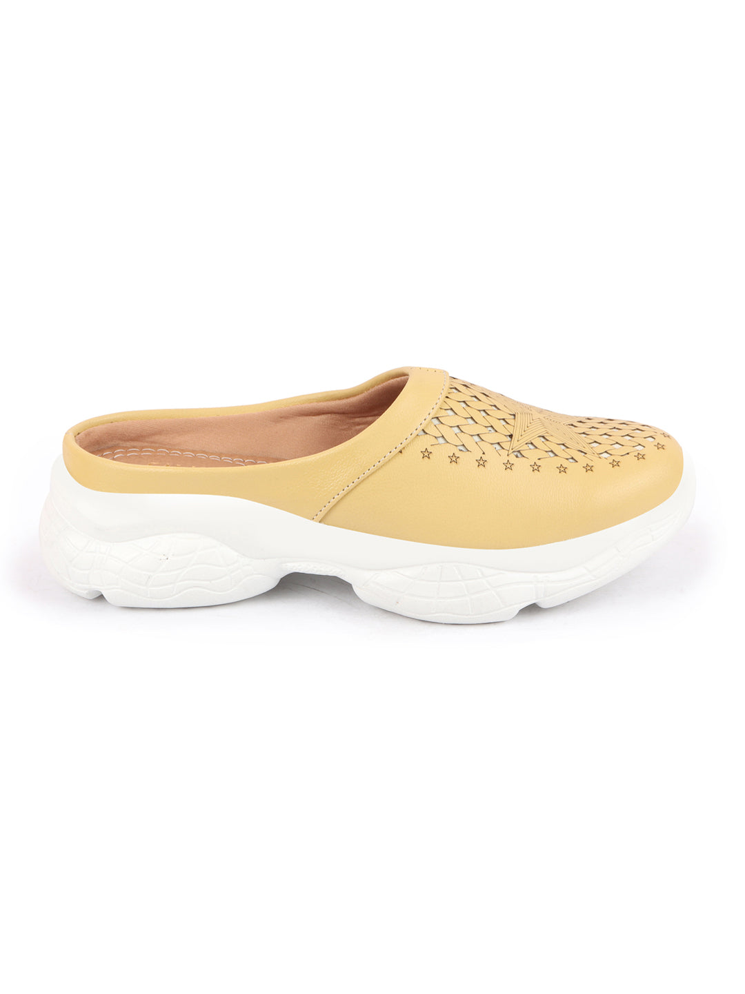 Women's Yellow Laser Cut Slip-On Mules Shoes with Stitched Back.