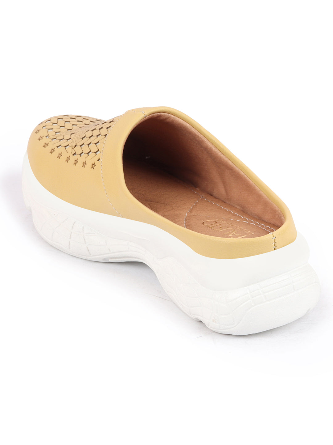 Women's Yellow Laser Cut Slip-On Mules Shoes with Stitched Back.