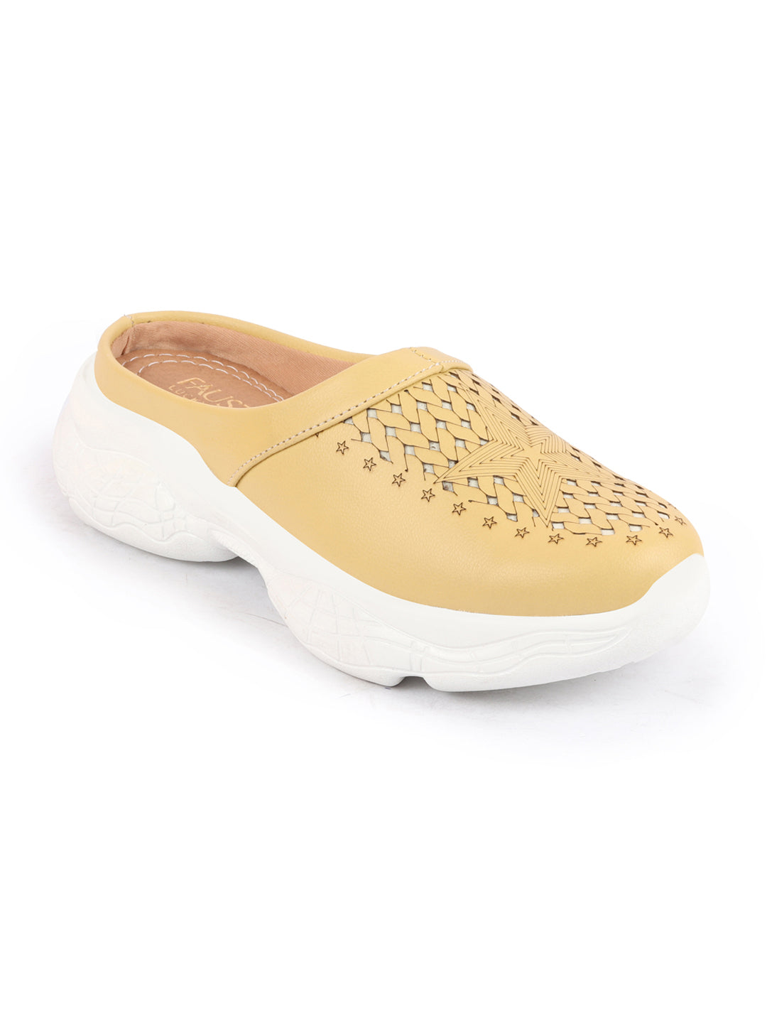 Women's Yellow Laser Cut Slip-On Mules Shoes with Stitched Back.