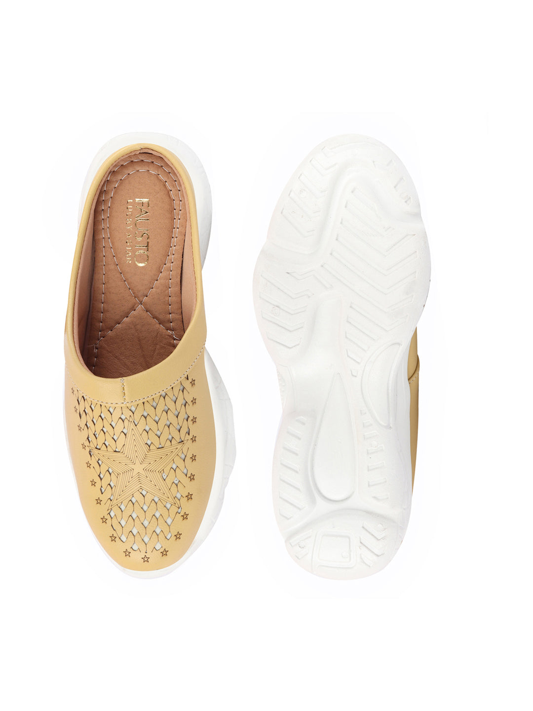 Women's Yellow Laser Cut Slip-On Mules Shoes with Stitched Back.