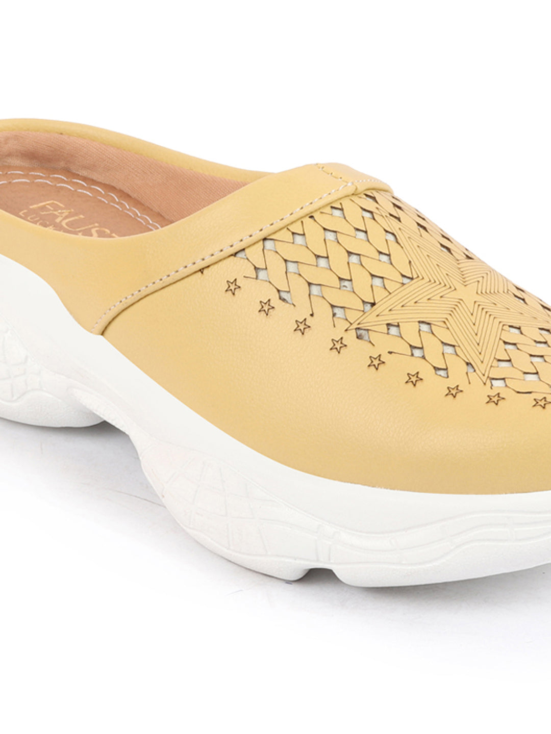 Women's Yellow Laser Cut Slip-On Mules Shoes with Stitched Back.