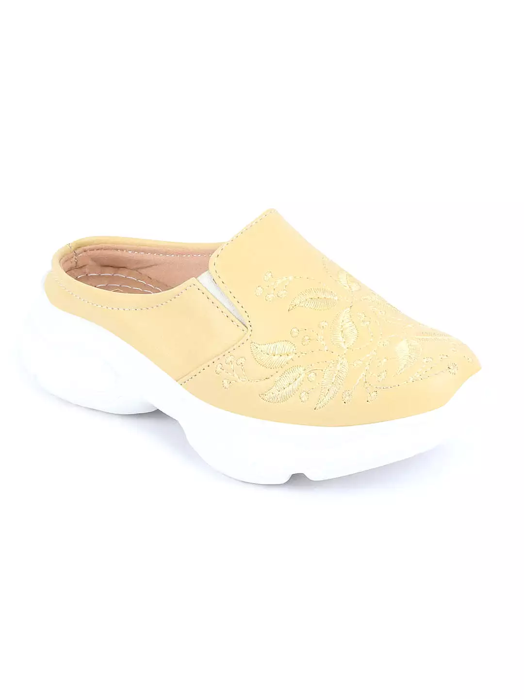 Women's Yellow Leaf Print Embroidered Slip On Mules Shoes