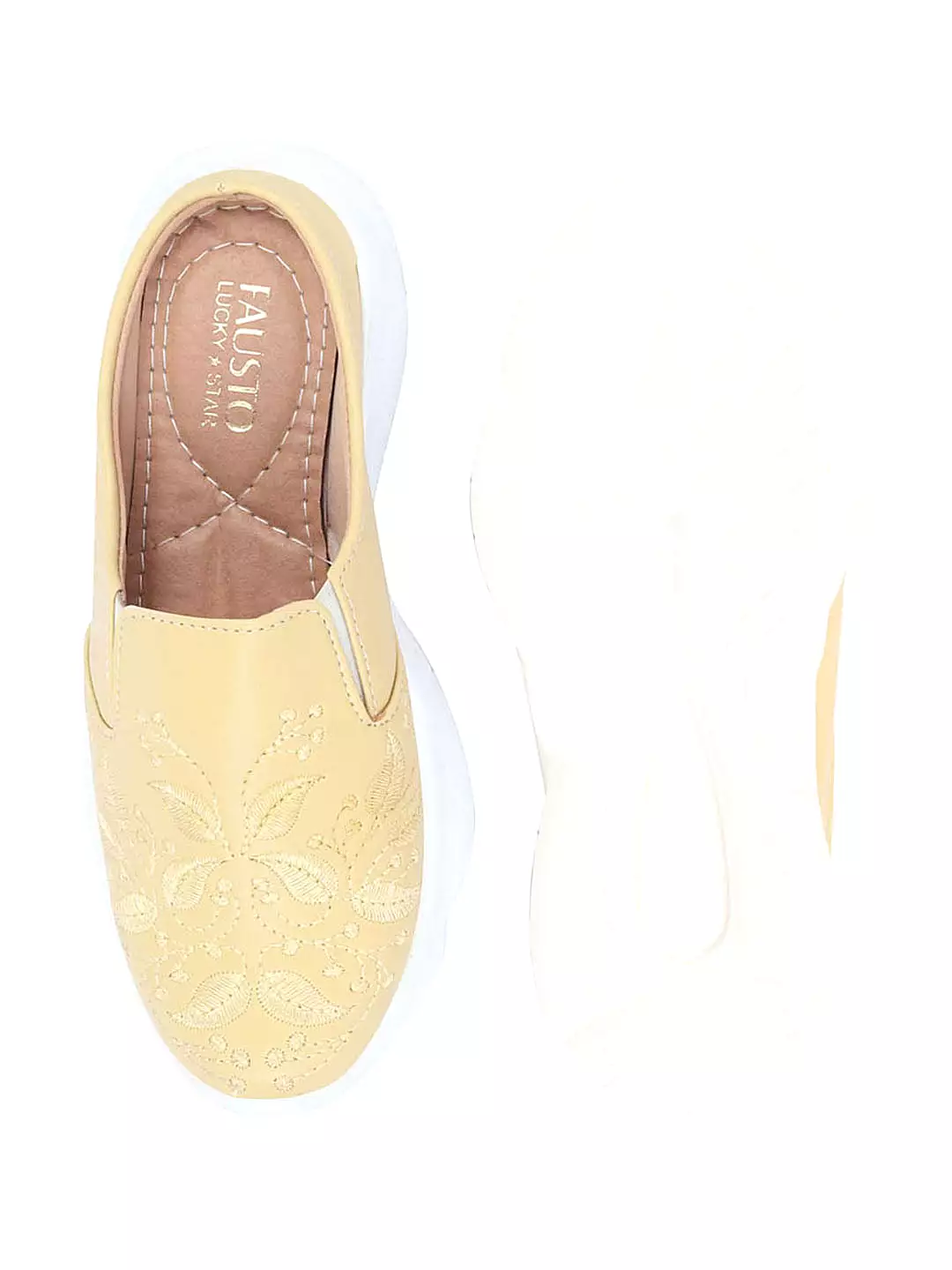 Women's Yellow Leaf Print Embroidered Slip On Mules Shoes