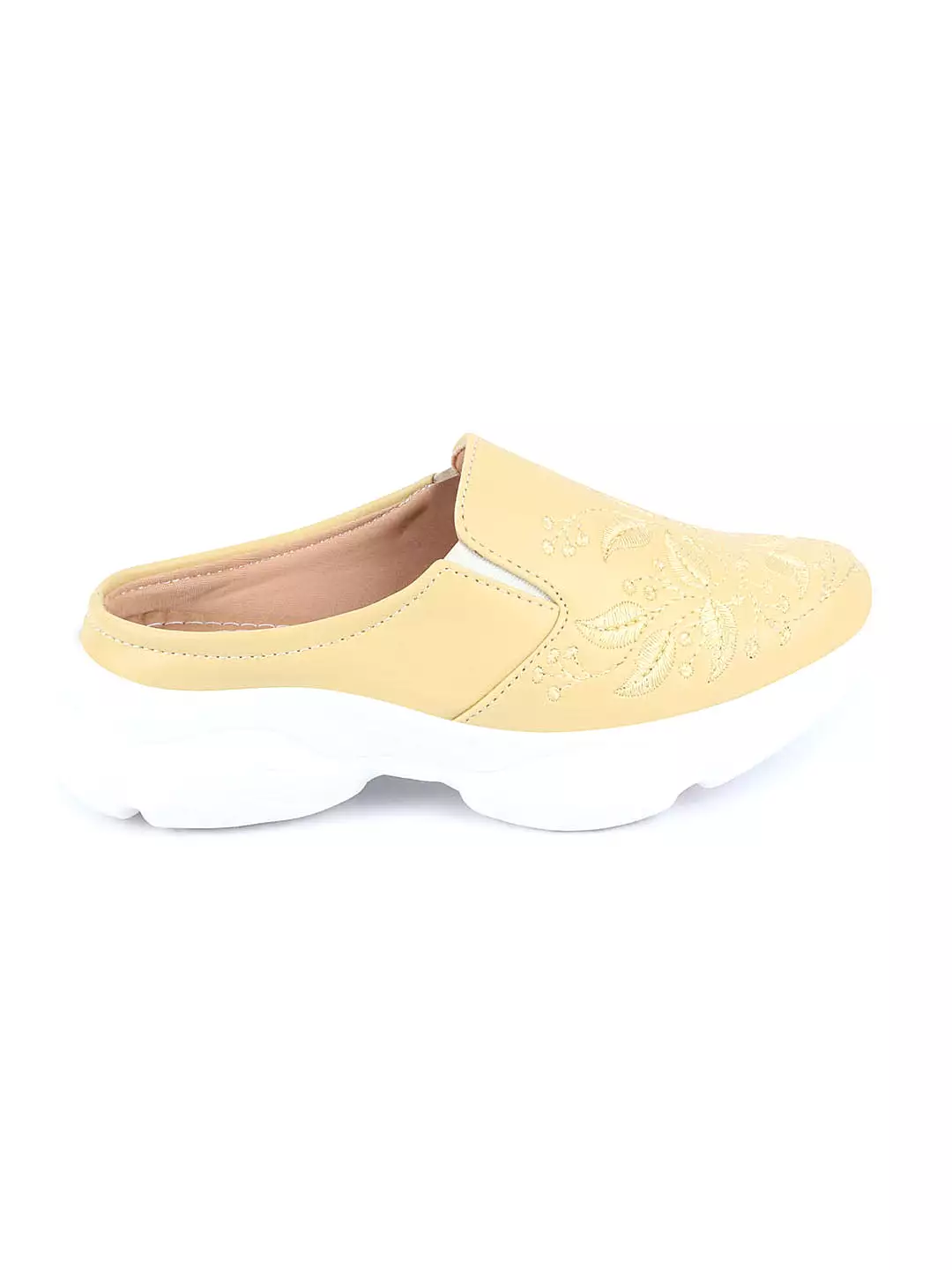 Women's Yellow Leaf Print Embroidered Slip On Mules Shoes