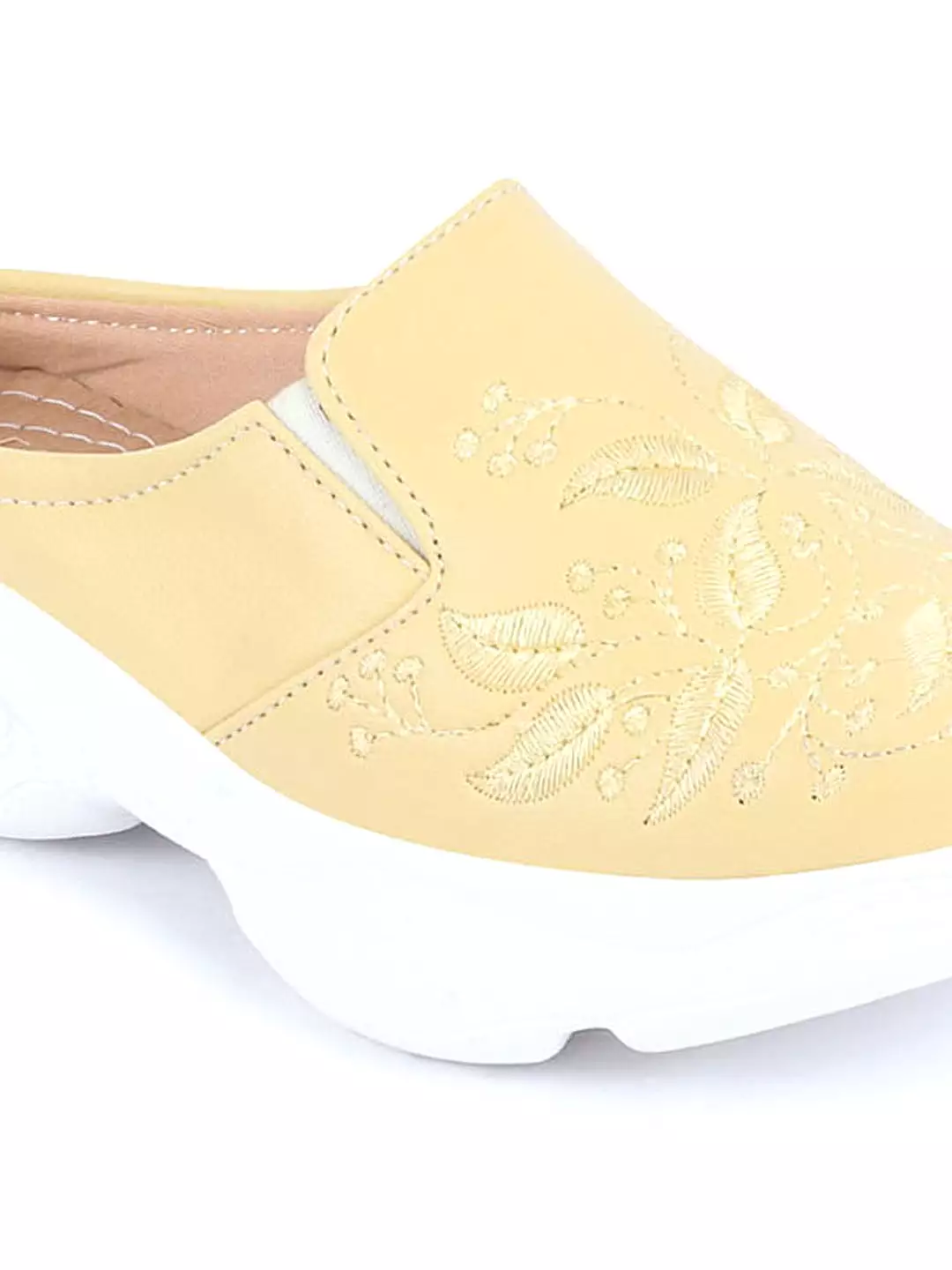 Women's Yellow Leaf Print Embroidered Slip On Mules Shoes