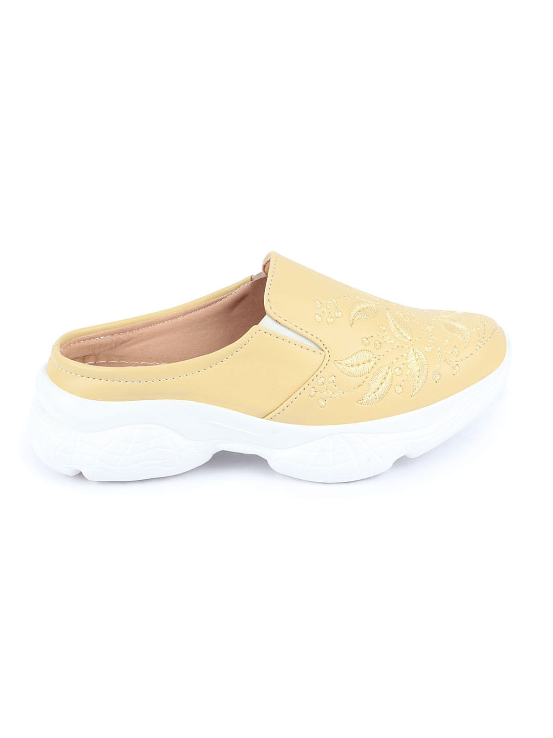 Women's Yellow Leaf Print Embroidery Design Backless Slip-On Mules Shoes