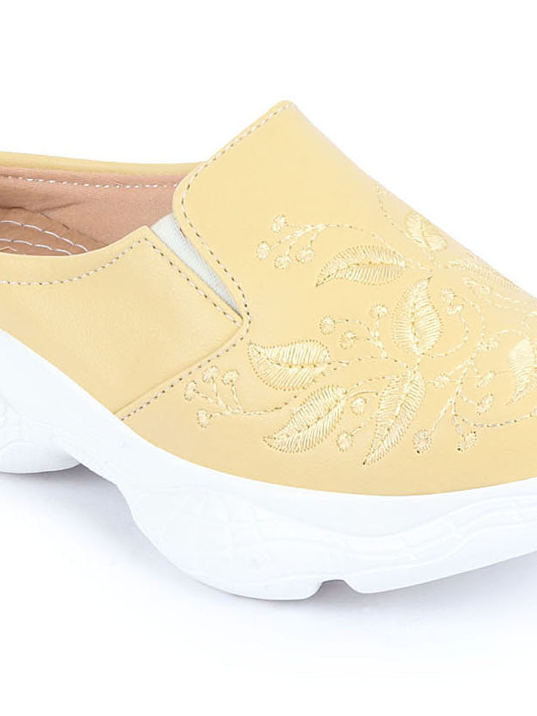 Women's Yellow Leaf Print Embroidery Design Backless Slip-On Mules Shoes