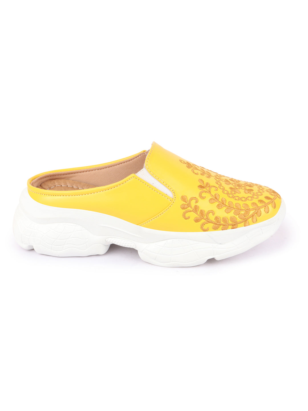 Yellow Floral and Leaf Print Embroidery Slip On Mules Shoes for Women