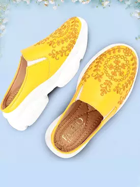 Yellow Floral and Leaf Print Embroidery Slip On Mules Shoes for Women