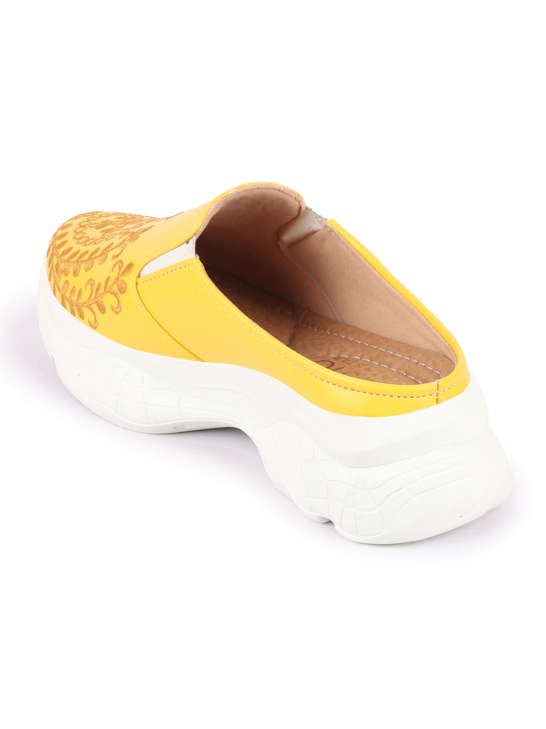 Yellow Floral and Leaf Print Embroidery Slip On Mules Shoes for Women