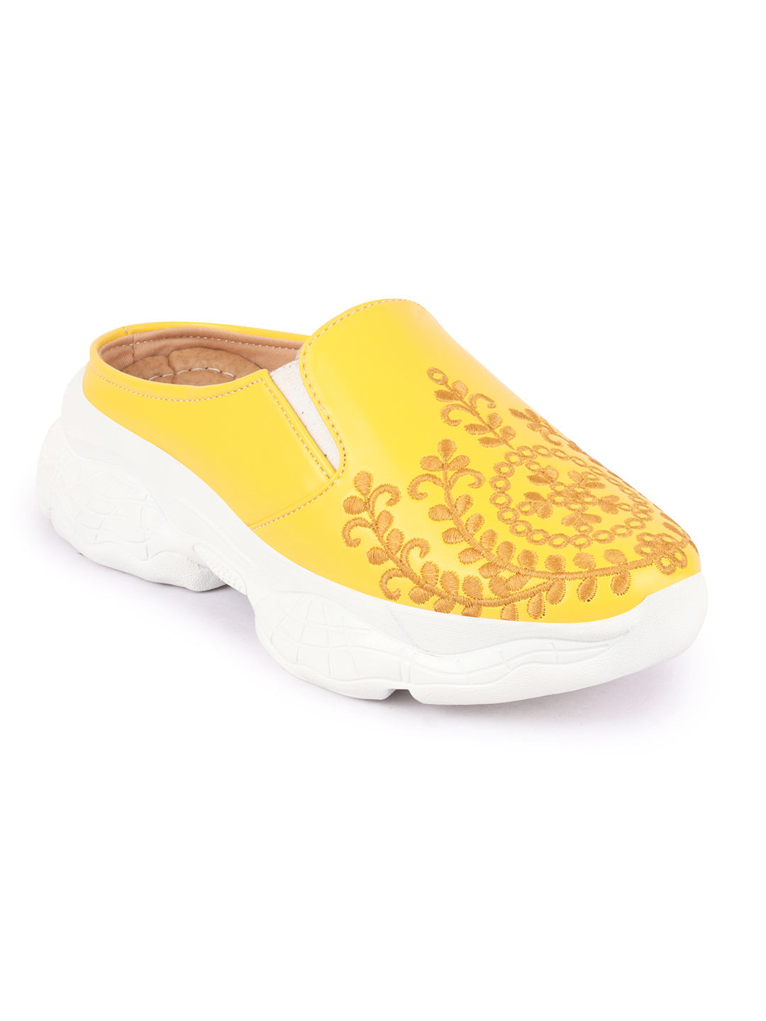 Yellow Floral and Leaf Print Embroidery Slip On Mules Shoes for Women