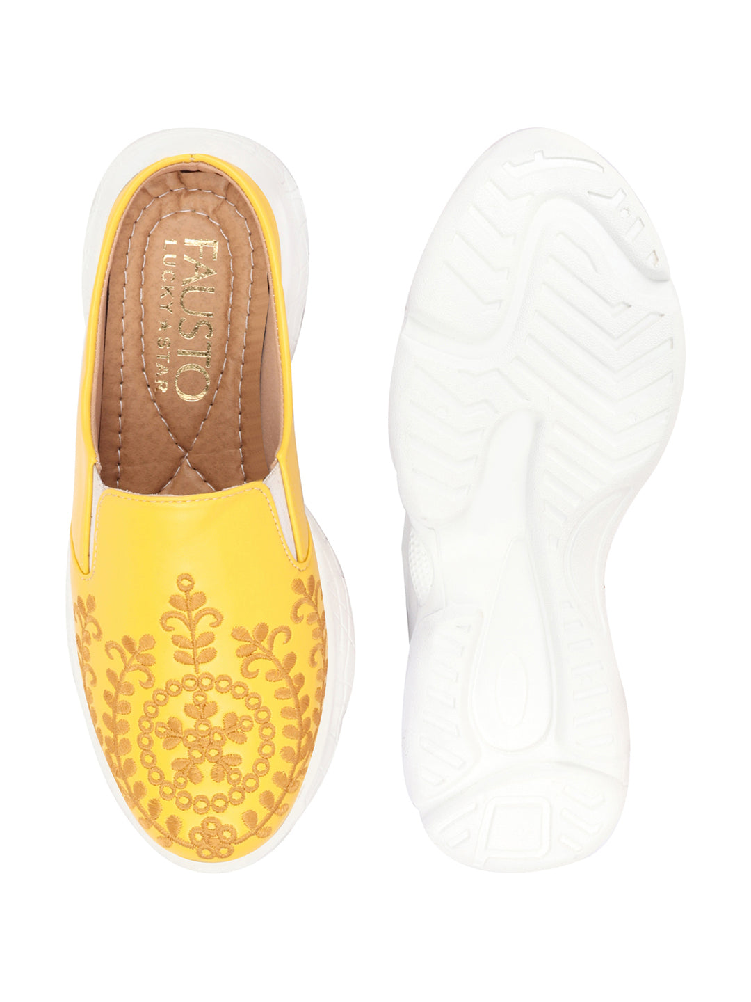 Yellow Floral and Leaf Print Embroidery Slip On Mules Shoes for Women