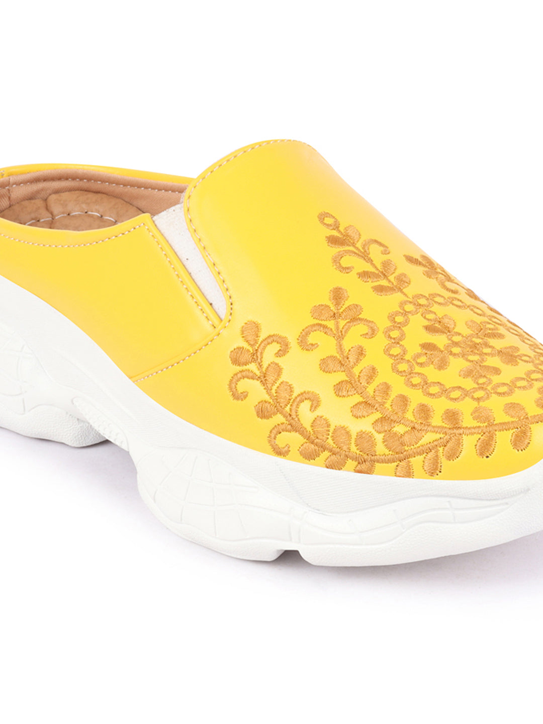 Yellow Floral and Leaf Print Embroidery Slip On Mules Shoes for Women