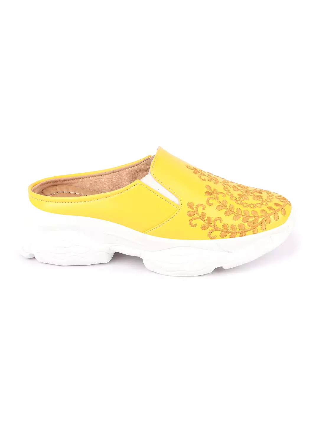 Yellow Floral and Leaf Print Embroidery Women's Back Open Slip On Mules Shoes