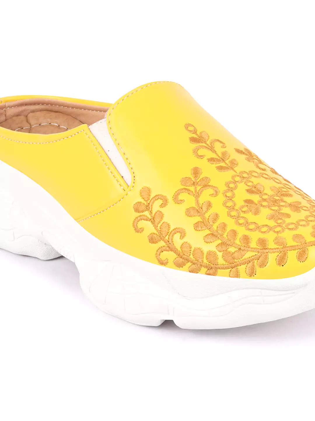 Yellow Floral and Leaf Print Embroidery Women's Back Open Slip On Mules Shoes