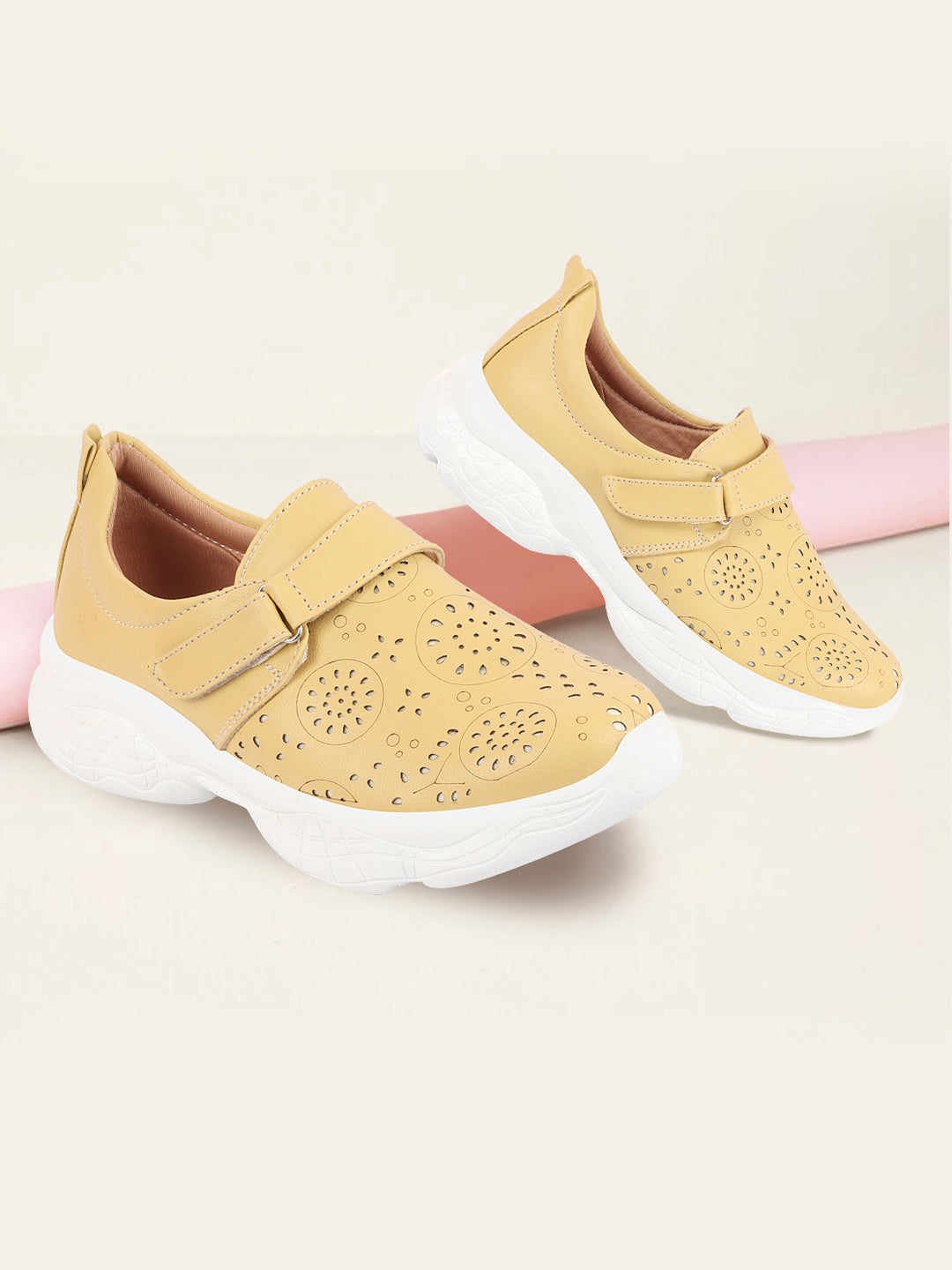 Yellow Laser Cut Design Women's Mules Shoes with Hook & Loop Buckle