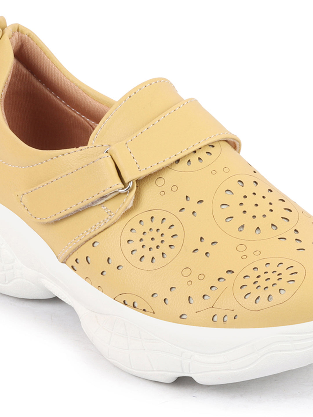 Yellow Laser Cut Design Women's Mules Shoes with Hook & Loop Buckle