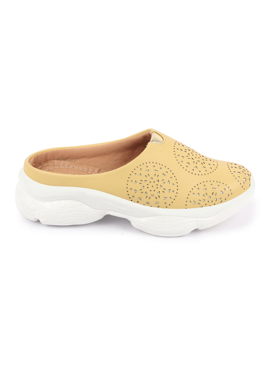 Yellow Laser Cut Open Back Slip On Mules for Women