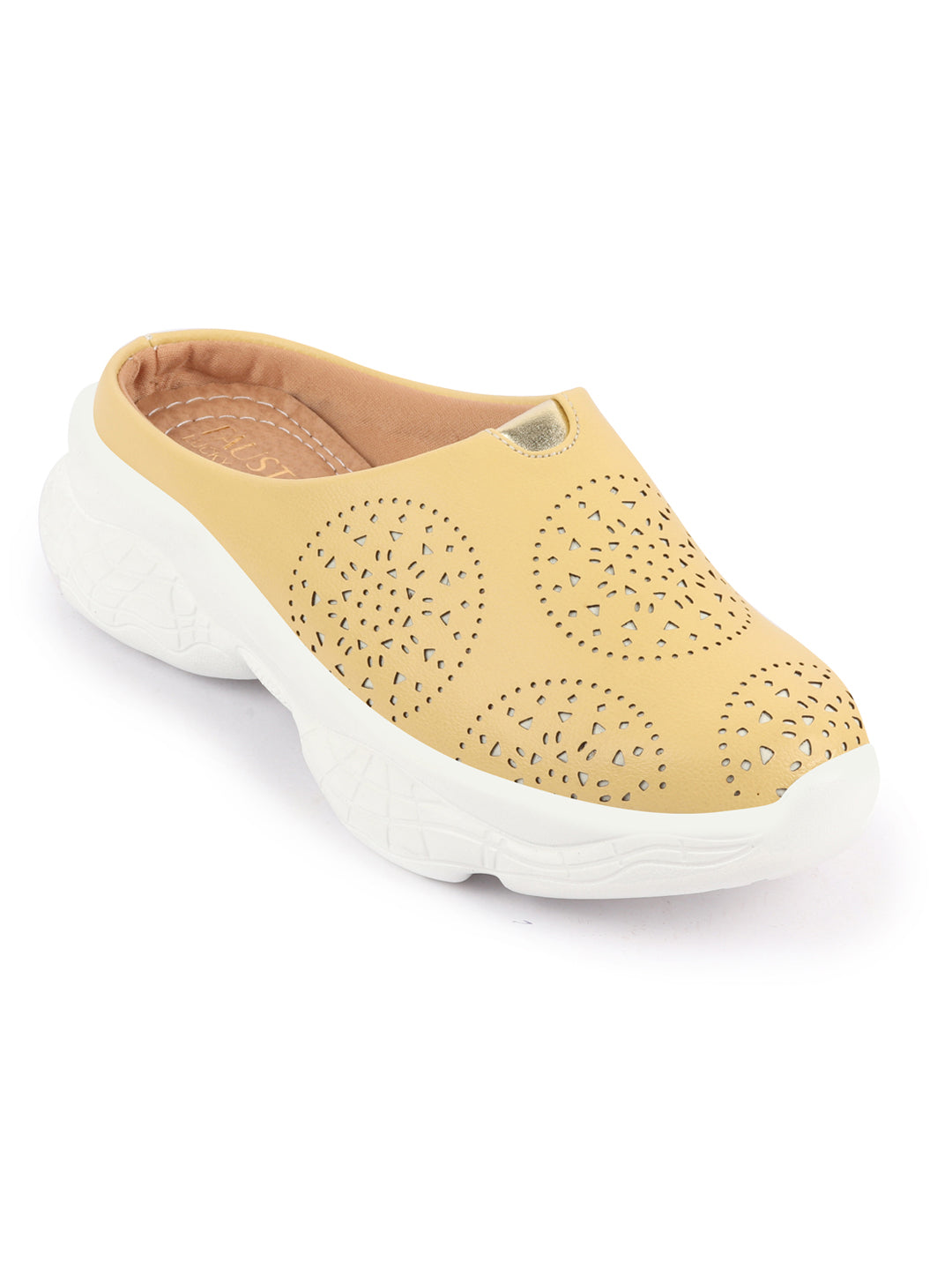 Yellow Laser Cut Open Back Slip On Mules for Women