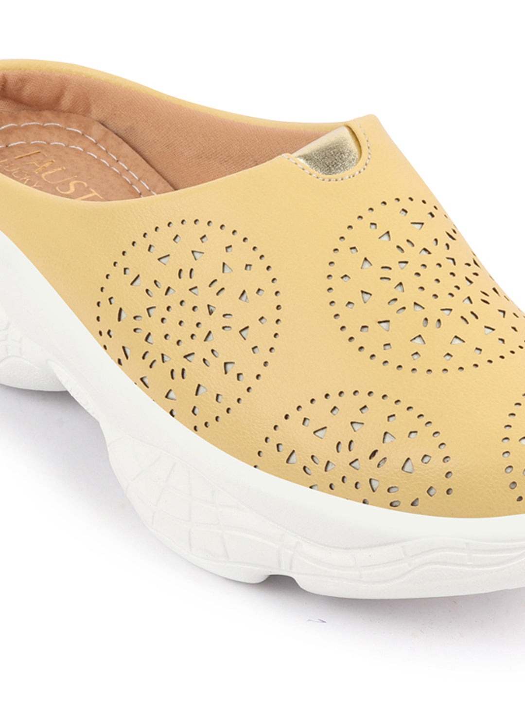 Yellow Laser Cut Open Back Slip On Mules for Women