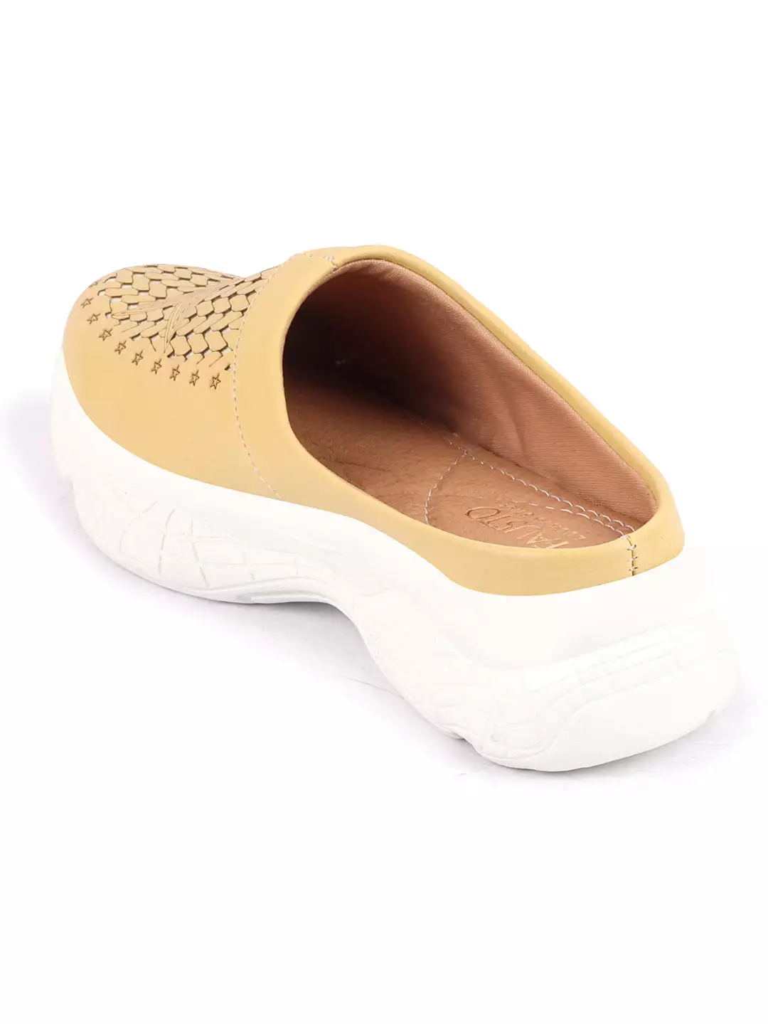 Yellow laser-cut slip-on mules for women with stitched back design.