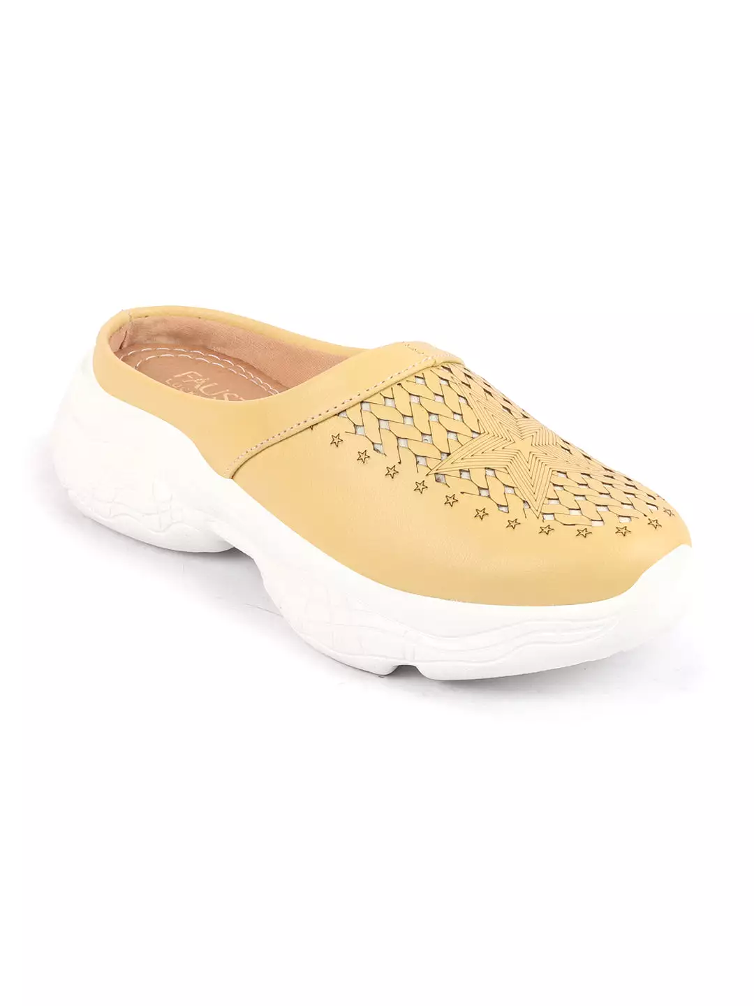 Yellow laser-cut slip-on mules for women with stitched back design.