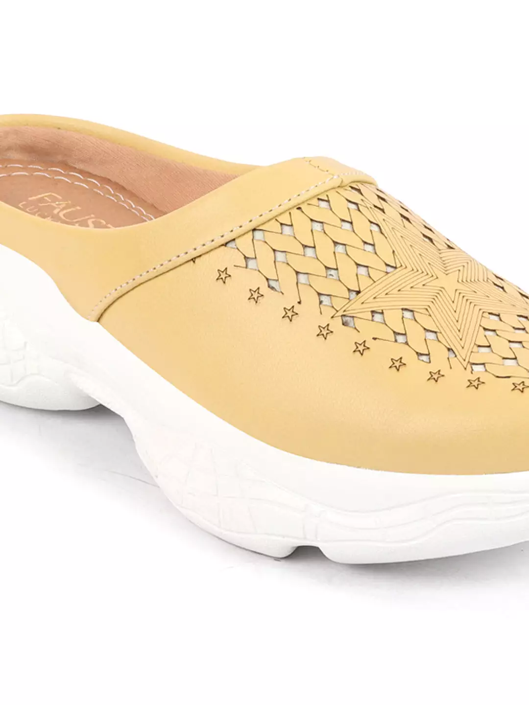 Yellow laser-cut slip-on mules for women with stitched back design.